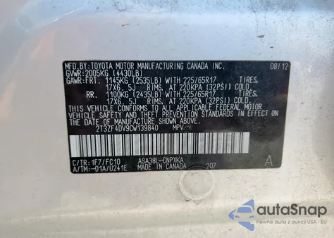 2012 Toyota Rav4 from USA, damaged, VIN 2T3ZF4DV9CW139840